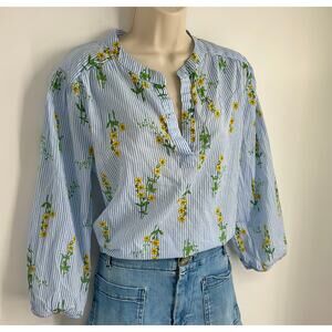 NAUTICA Jeans Floral Blue Stripes Top Blouse Large 3/4 Sleeve Office Preppy